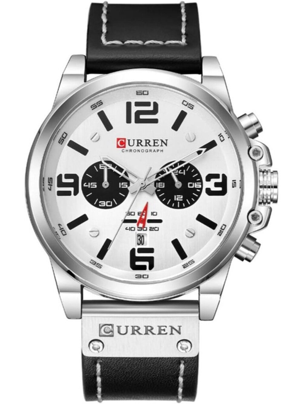 Mens Black And Silver Analog Leather Strap Sandwich Dial Chronograph Wrist Watch